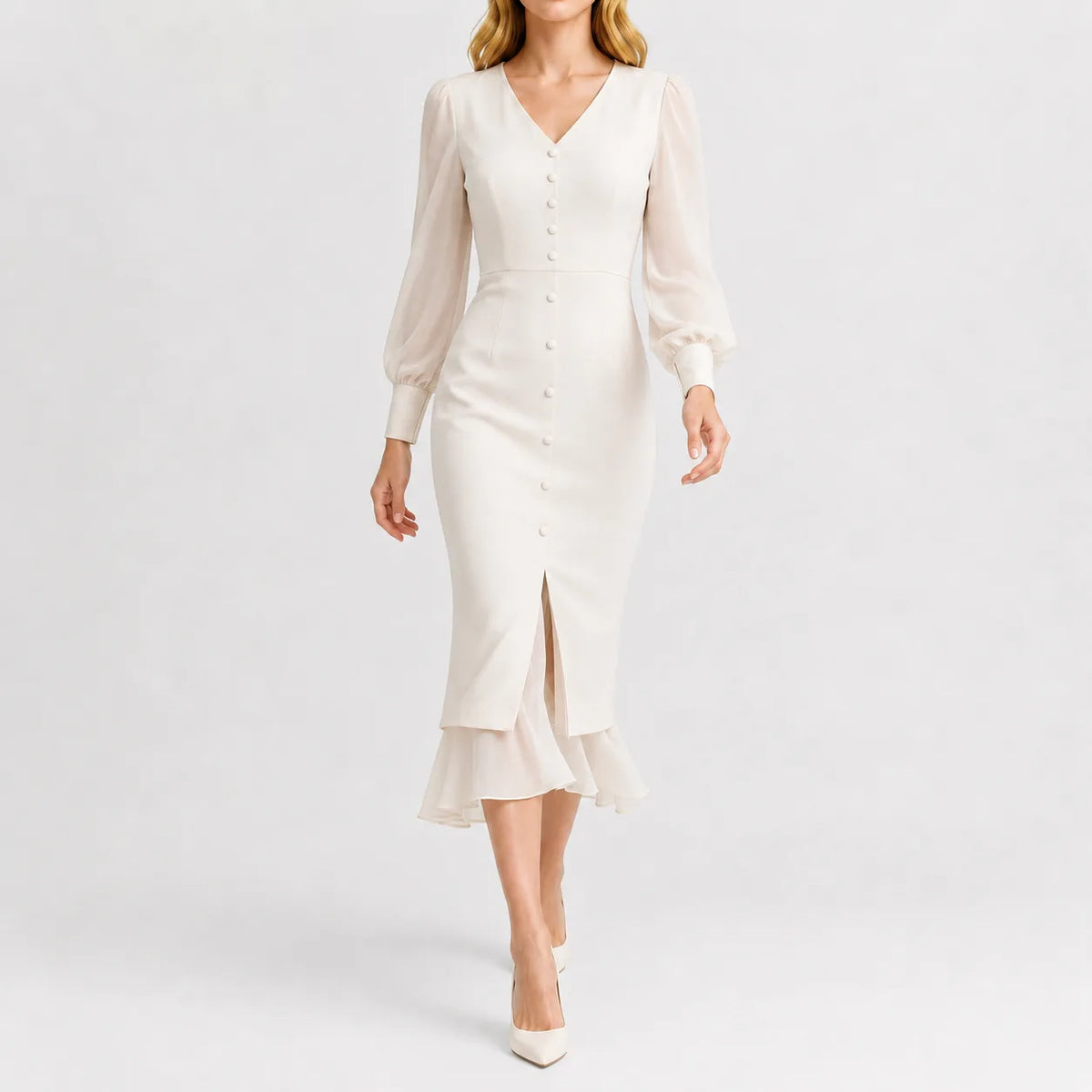 Women's Black V-Neck Dress – Long Sleeve Ruffle Hem Dress
