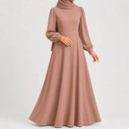 Women's High Waist Maxi Dress – Mock Neck Long Sleeve Flowy Dress