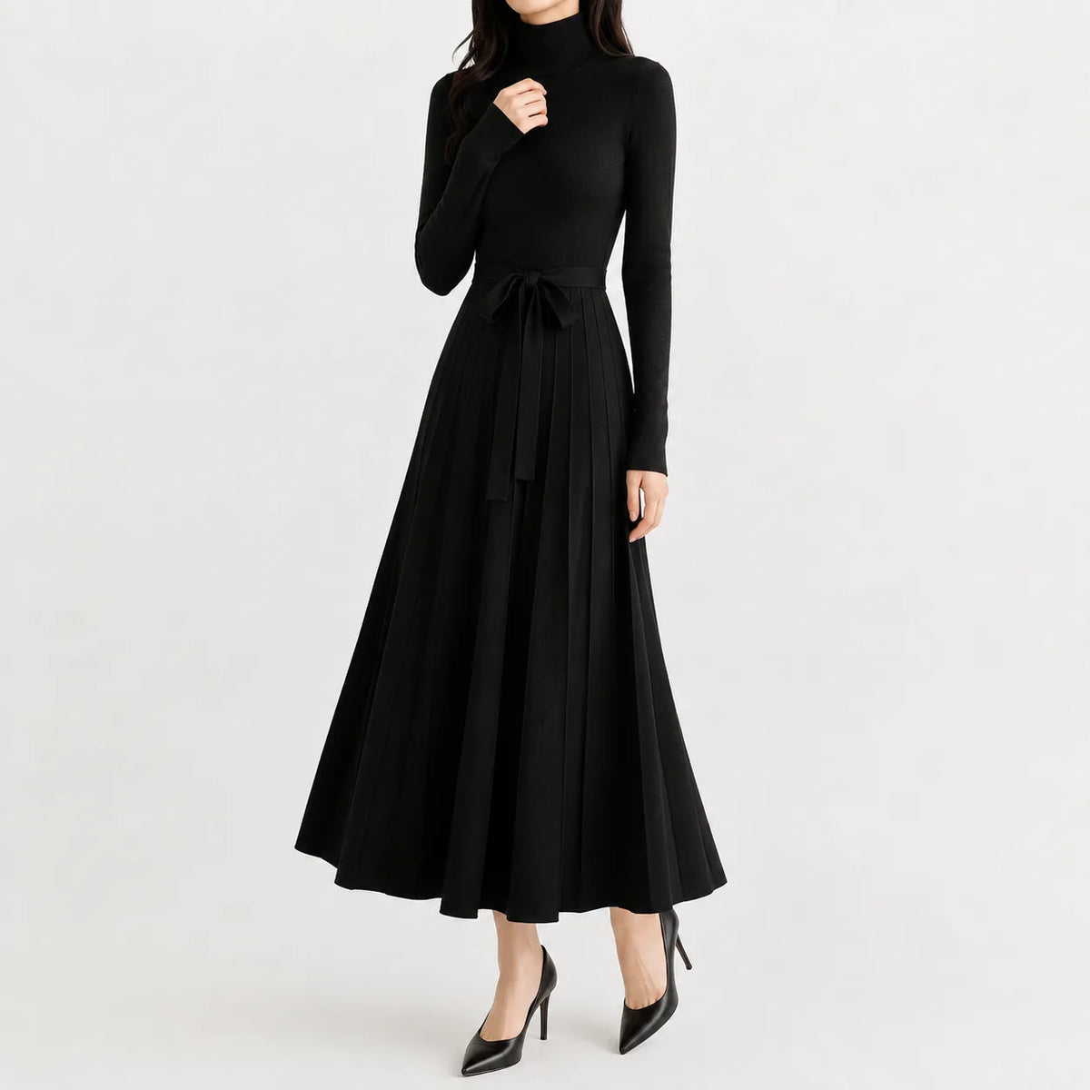 Women's Turtleneck Knit Dress – Long Sleeve Belted Flared Dress