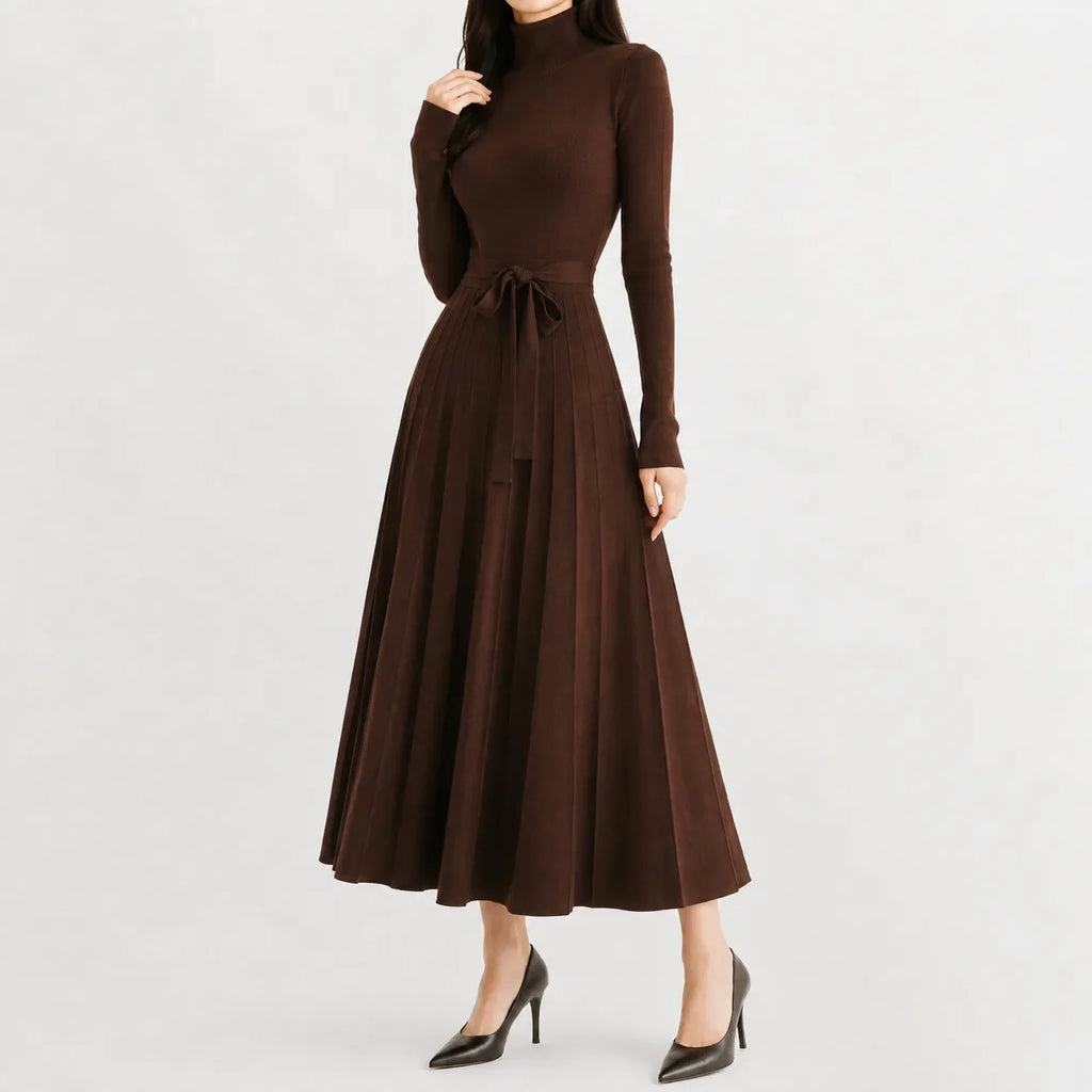 Women's Turtleneck Knit Dress – Long Sleeve Belted Flared Dress