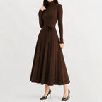 Women's Turtleneck Knit Dress – Long Sleeve Belted Flared Dress