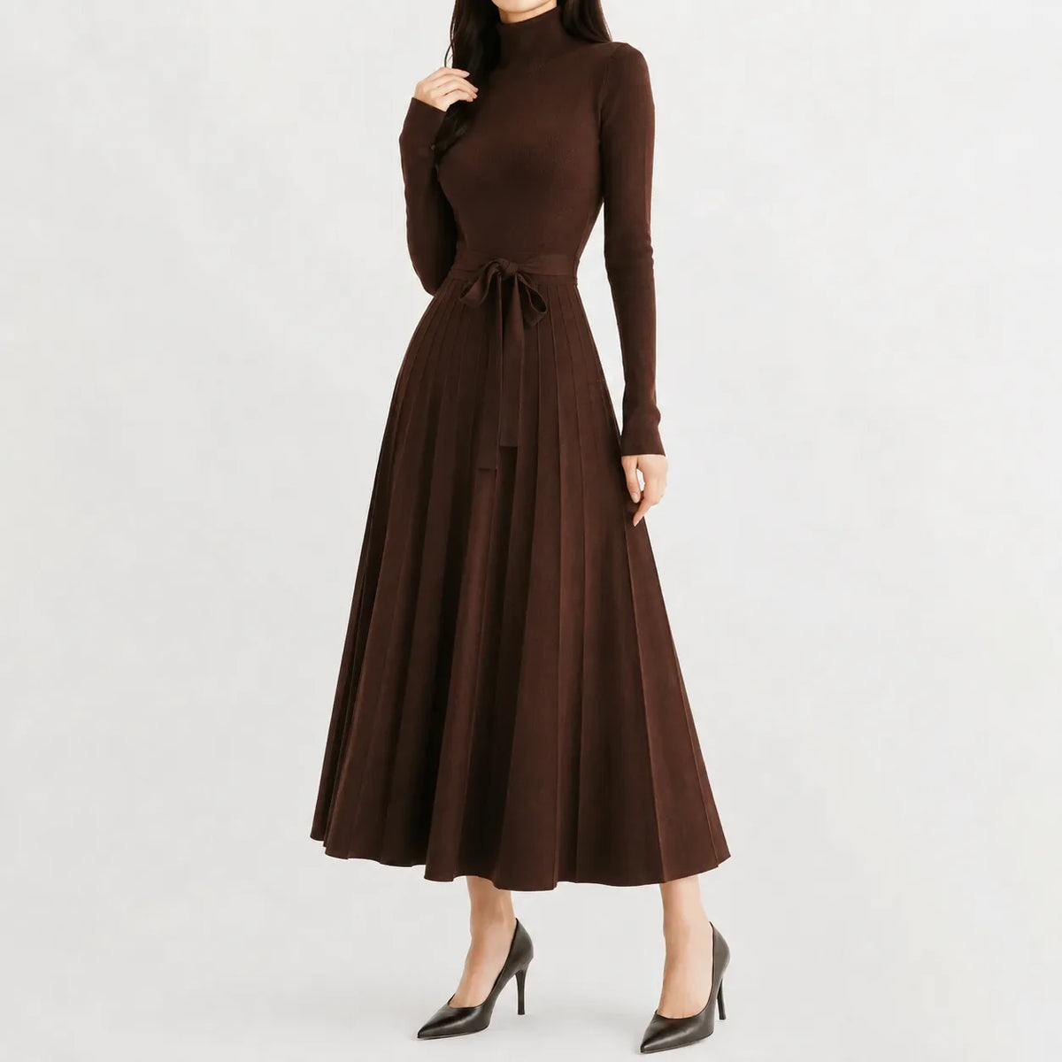 Women's Turtleneck Knit Dress – Long Sleeve Belted Flared Dress