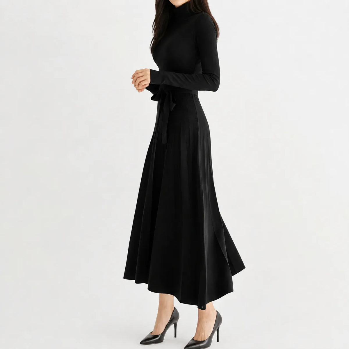 Women's Turtleneck Knit Dress – Long Sleeve Belted Flared Dress