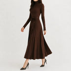 Women's Turtleneck Knit Dress – Long Sleeve Belted Flared Dress