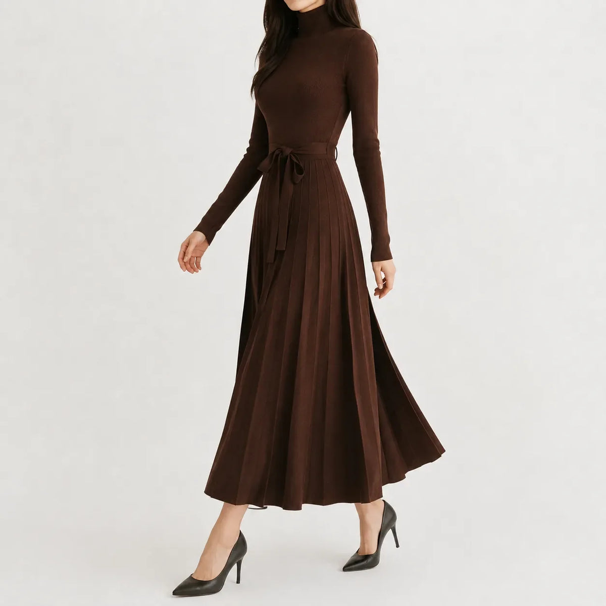 Women's Turtleneck Knit Dress – Long Sleeve Belted Flared Dress