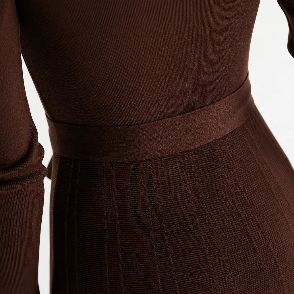 Women's Turtleneck Knit Dress – Long Sleeve Belted Flared Dress