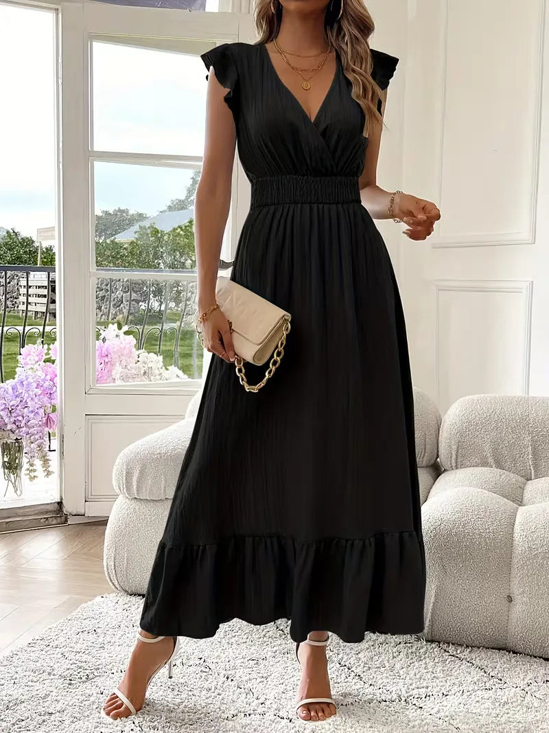 Women's V-Neck Tiered Maxi Dress – Short Sleeve Smocked Waist Evening Dress