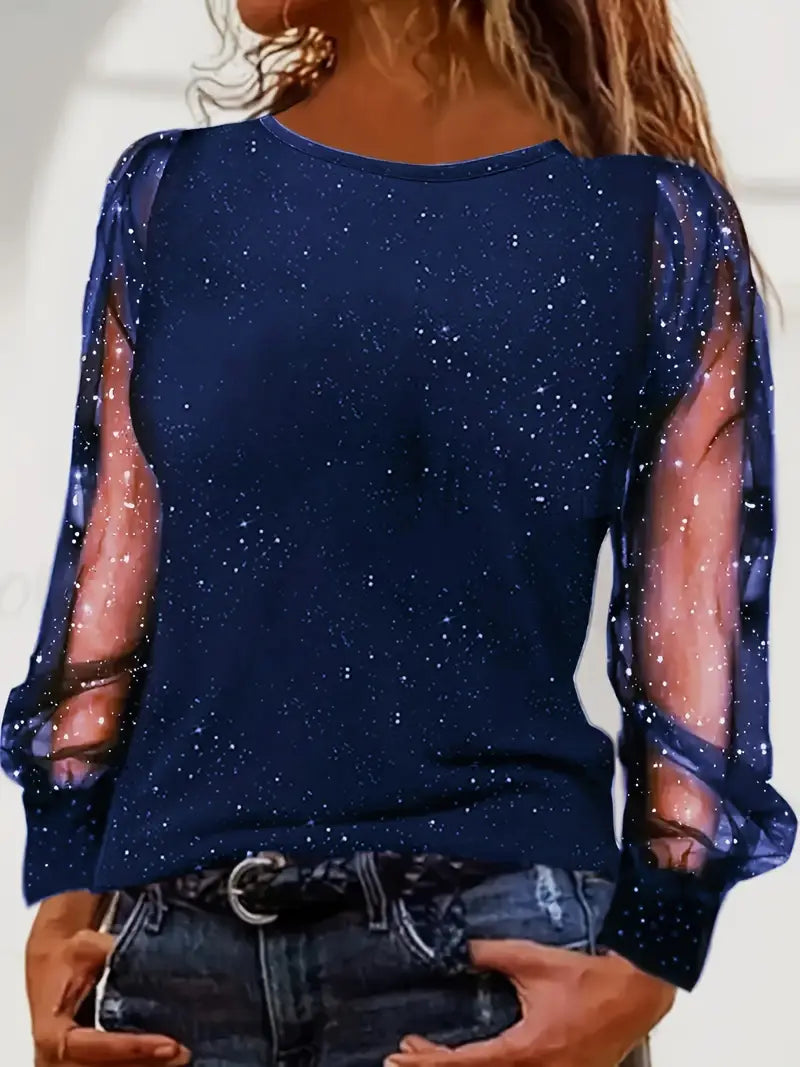 Women's Glitter Sheer Sleeve Blouse – Sparkly Mesh Sleeve Party Blouse