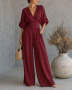Women's V-Neck Wrap Wide Leg Jumpsuit – Cinched Waist Wedding Guest Jumpsuit