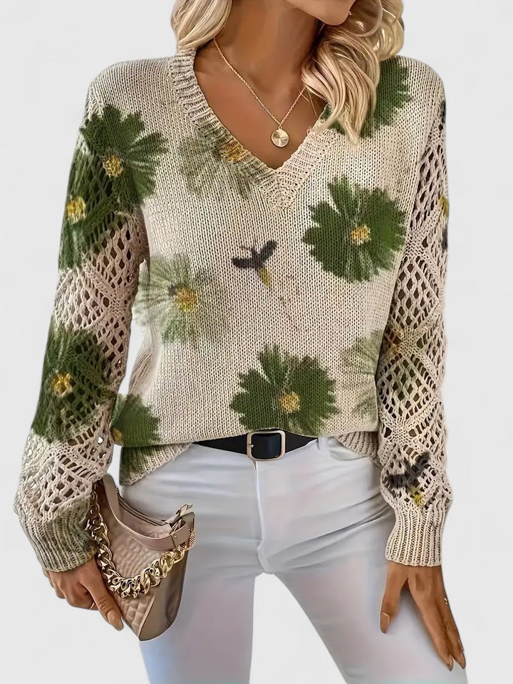 Women's Floral V-Neck Cardigan – Lightweight Flower Knit Cardigan