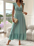 Women's V-Neck Tiered Maxi Dress – Short Sleeve Smocked Waist Evening Dress