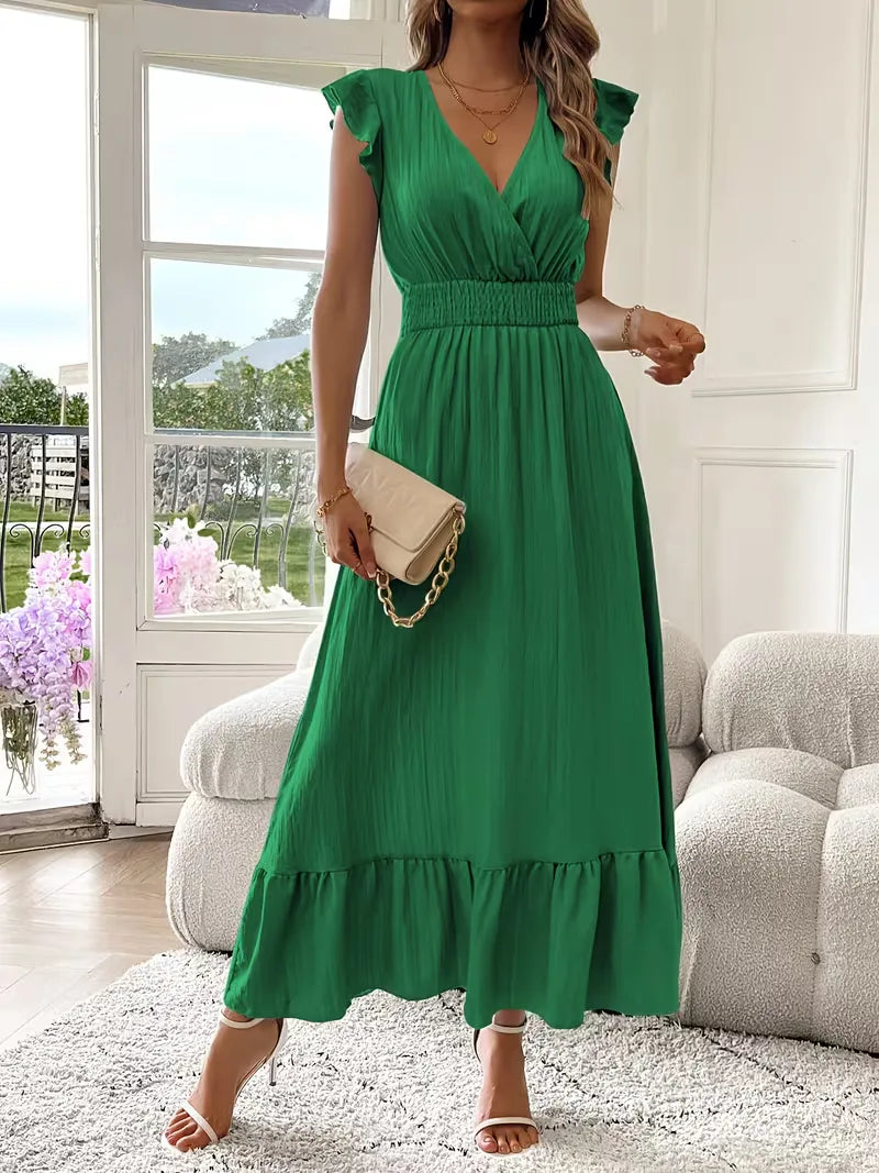 Women's V-Neck Tiered Maxi Dress – Short Sleeve Smocked Waist Evening Dress