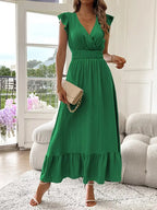 Women's V-Neck Tiered Maxi Dress – Short Sleeve Smocked Waist Evening Dress