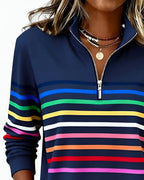 Women's Striped Quarter-Zip Sweater – High Neck Long Sleeve Pullover