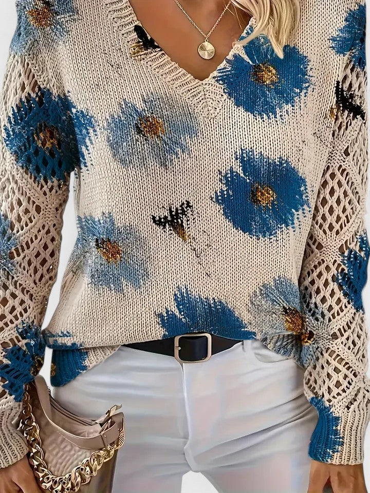 Women's Floral V-Neck Cardigan – Lightweight Flower Knit Cardigan
