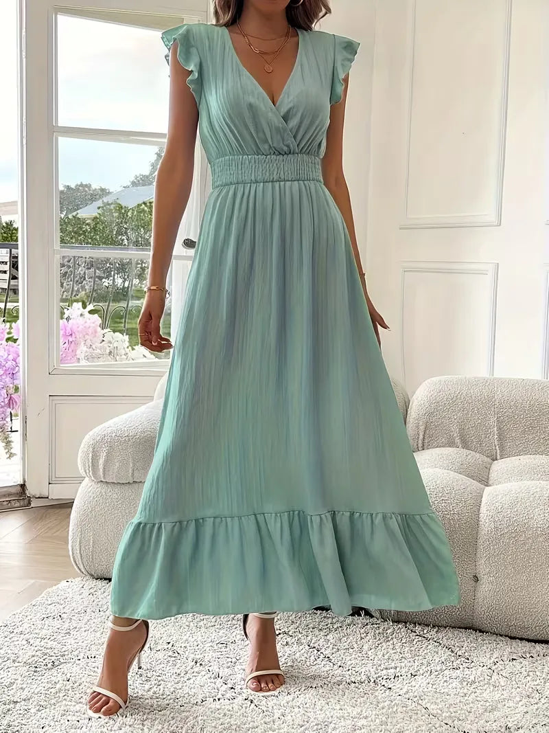 Women's V-Neck Tiered Maxi Dress – Short Sleeve Smocked Waist Evening Dress
