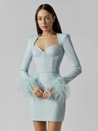 Women's Feather Cuff Party Dress – Long Sleeve Statement Evening Dress