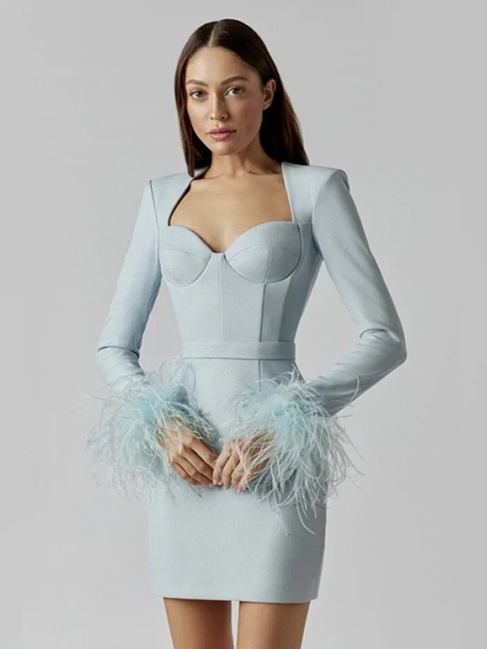 Women's Feather Cuff Party Dress – Long Sleeve Statement Evening Dress