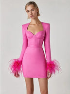 Women's Feather Cuff Party Dress – Long Sleeve Statement Evening Dress