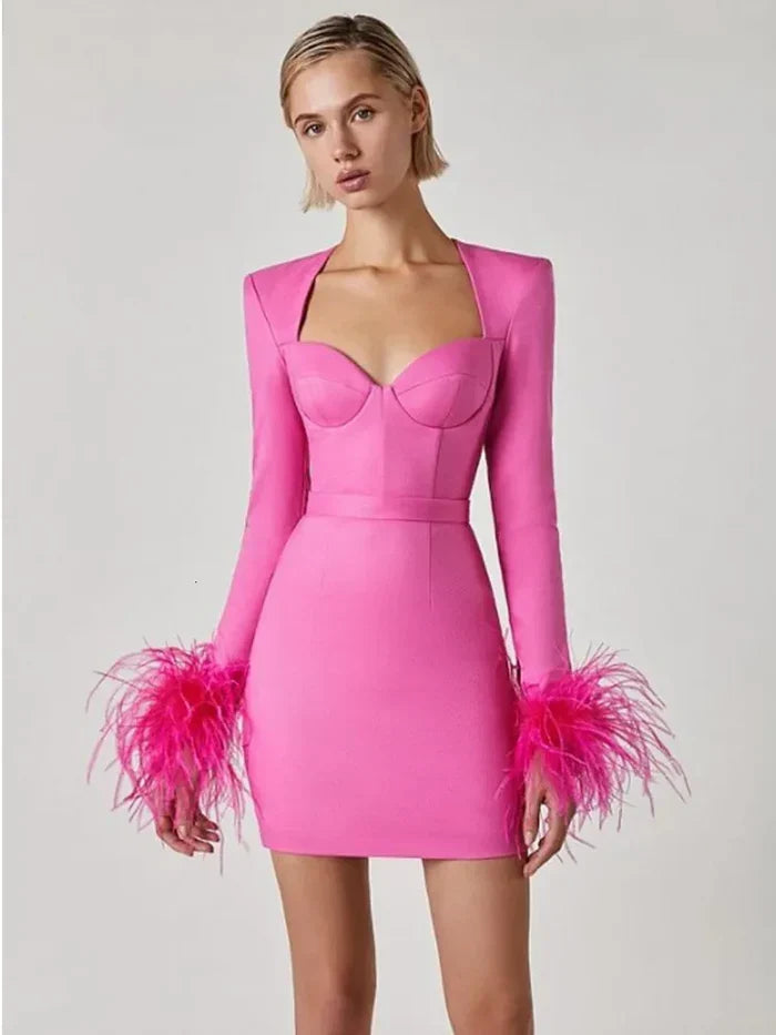 Women's Feather Cuff Party Dress – Long Sleeve Statement Evening Dress