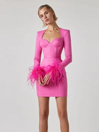 Women's Feather Cuff Party Dress – Long Sleeve Statement Evening Dress