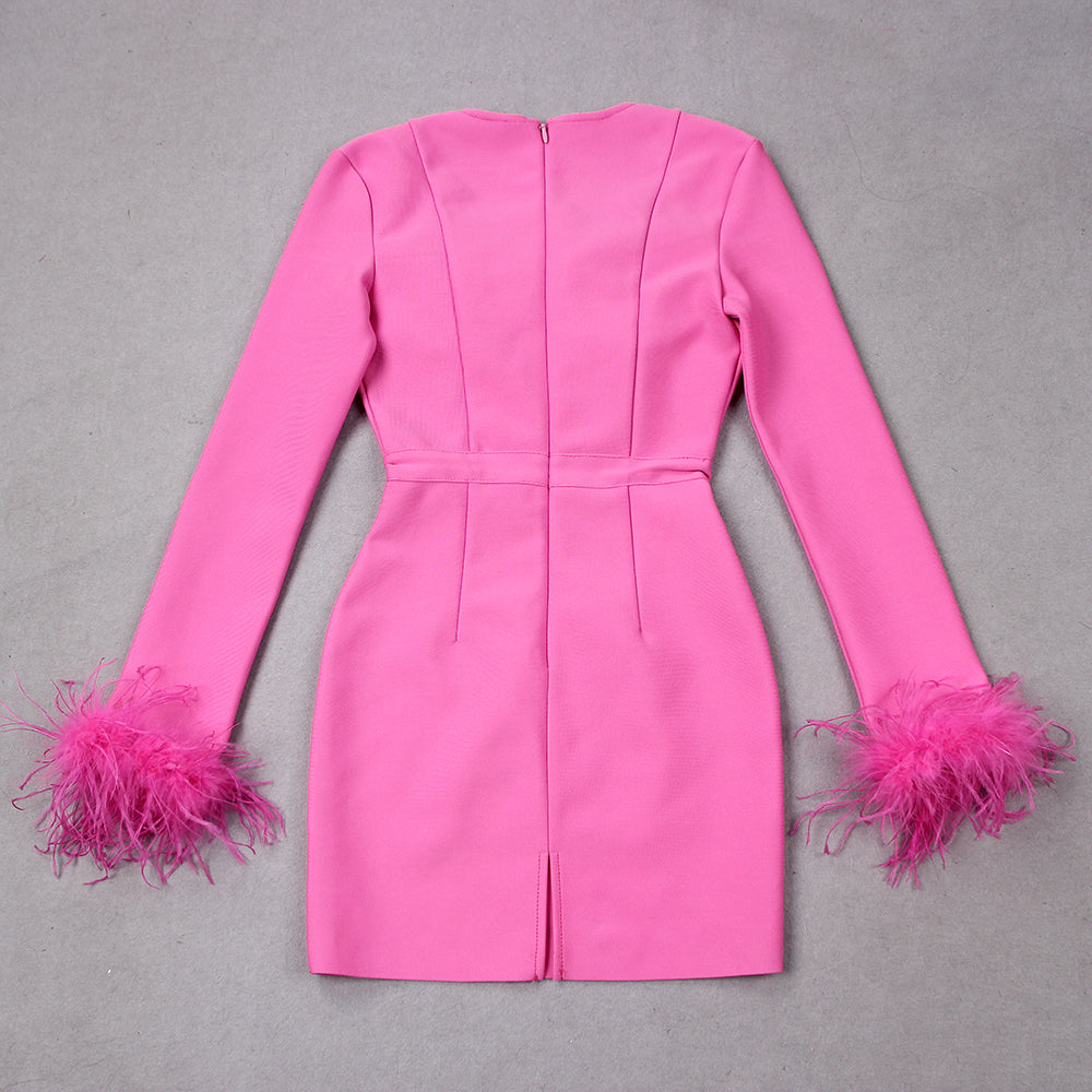 Women's Feather Cuff Party Dress – Long Sleeve Statement Evening Dress