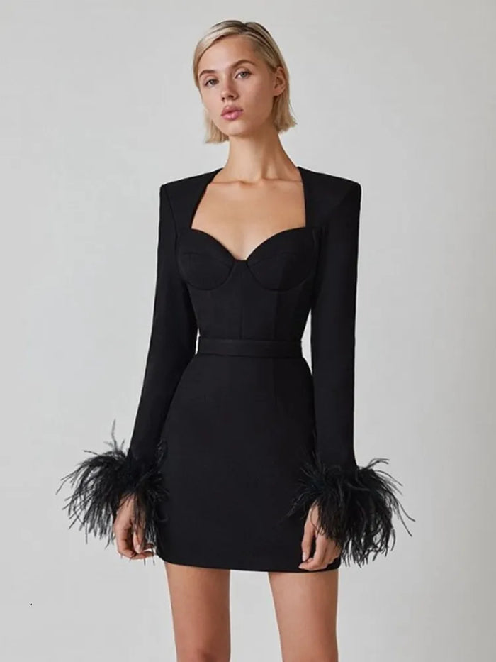 Women's Feather Cuff Party Dress – Long Sleeve Statement Evening Dress