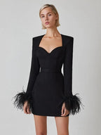 Women's Feather Cuff Party Dress – Long Sleeve Statement Evening Dress