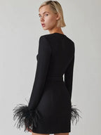 Women's Feather Cuff Party Dress – Long Sleeve Statement Evening Dress