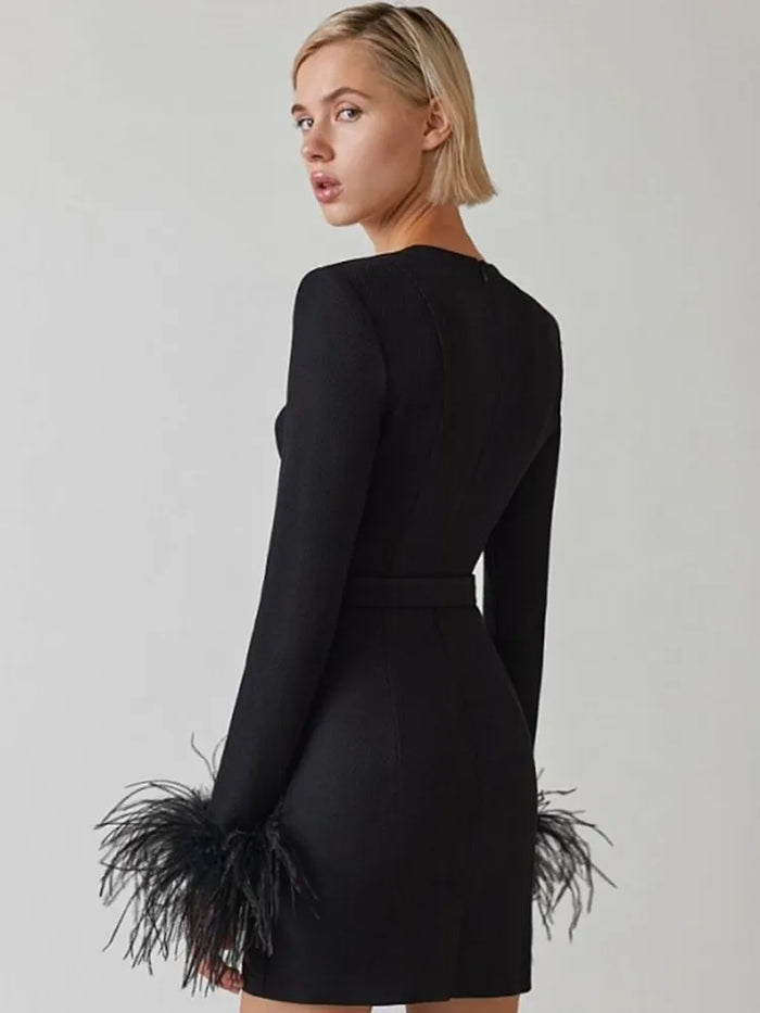 Women's Feather Cuff Party Dress – Long Sleeve Statement Evening Dress