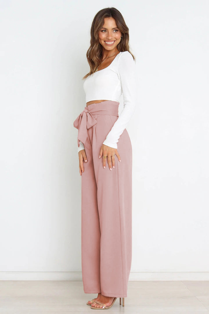 Women's High Waist Paperbag Pants – Bow Waist Wide Leg Trousers