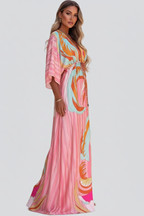 Women's Printed Maxi Dress – V-Neck Belted Dress – Ruby