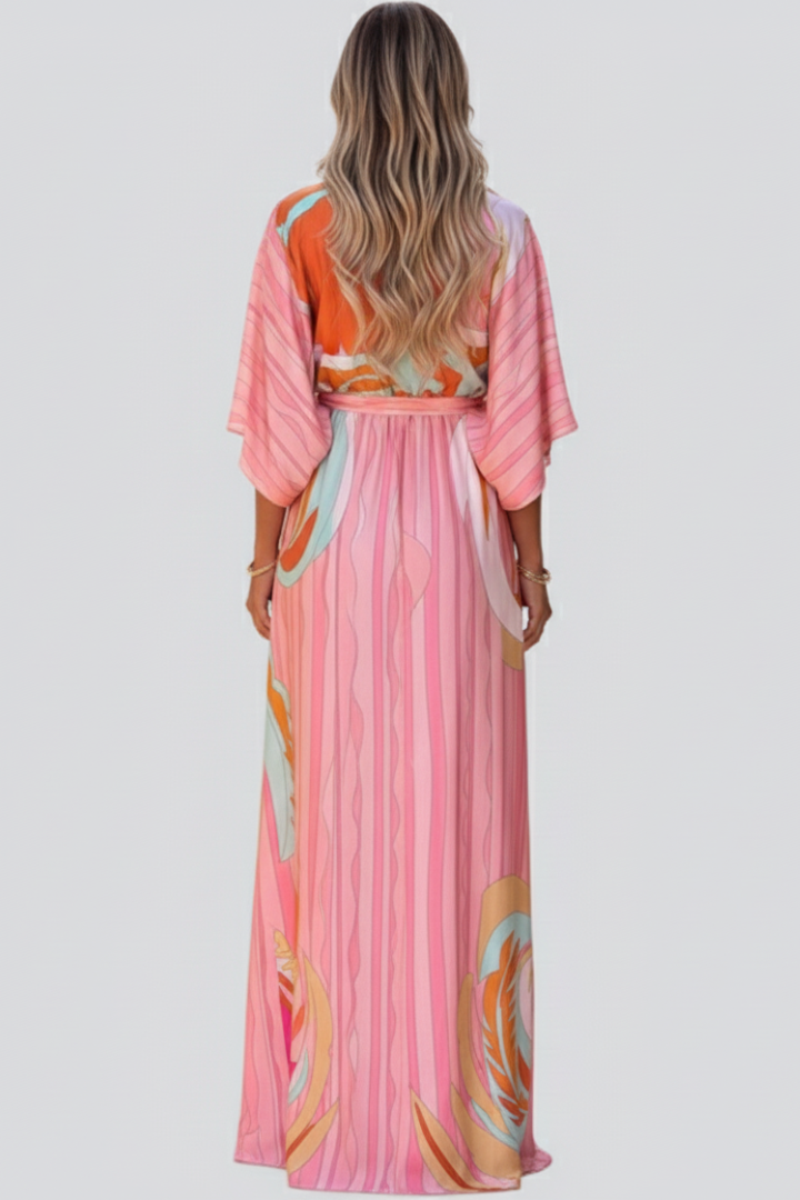 Women's Printed Maxi Dress – V-Neck Belted Dress – Ruby