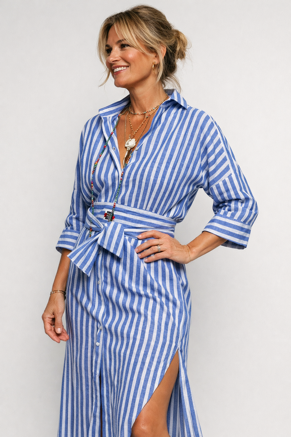 Women's Striped Flattering Shirt Dress – Belted Midi Dress