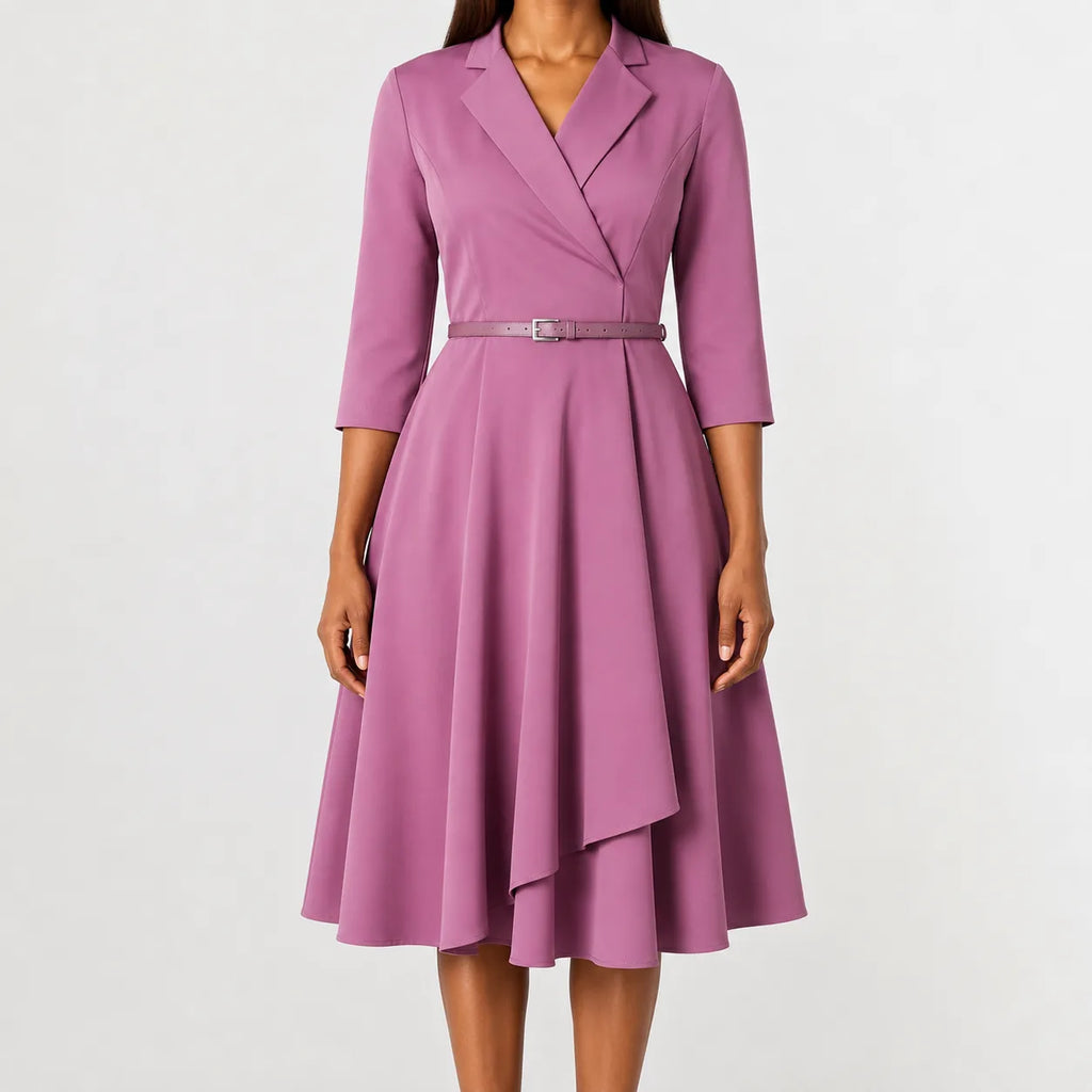 Women's V-Neck Belted A-Line Dress – Three Quarter Sleeve Casual Dress