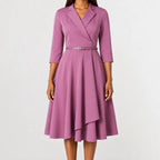 Women's V-Neck Belted A-Line Dress – Three Quarter Sleeve Casual Dress