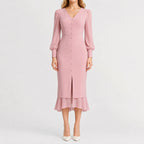 Women's Black V-Neck Dress – Long Sleeve Ruffle Hem Dress