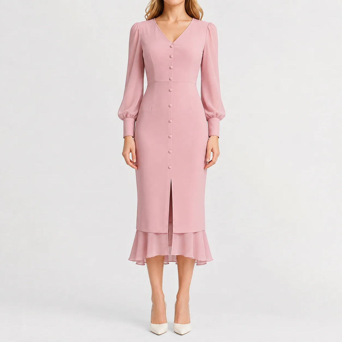 Women's Black V-Neck Dress – Long Sleeve Ruffle Hem Dress