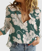 Women's Button Blouse with V Neckline and Roll-Up Sleeves