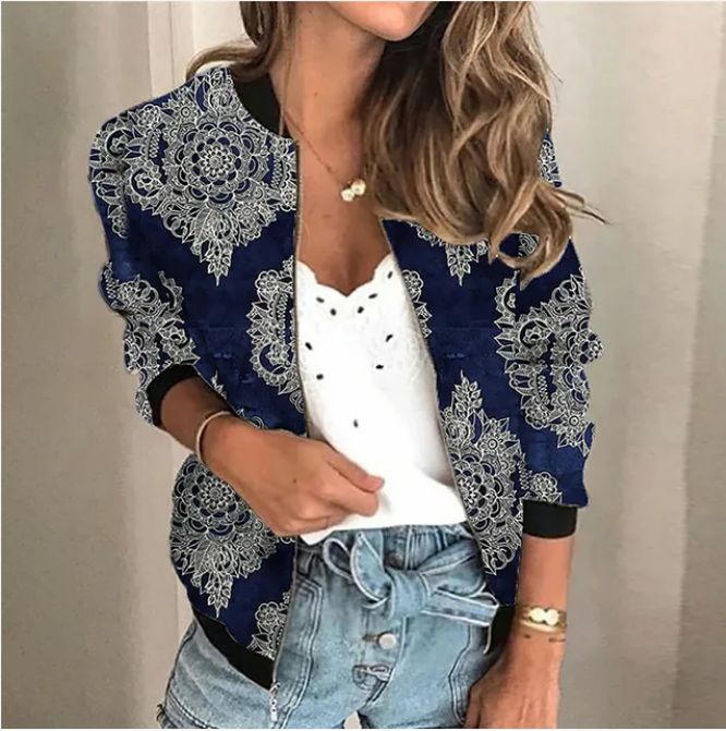 Women's Patterned Zip Jacket – Lightweight Printed Casual Jacket