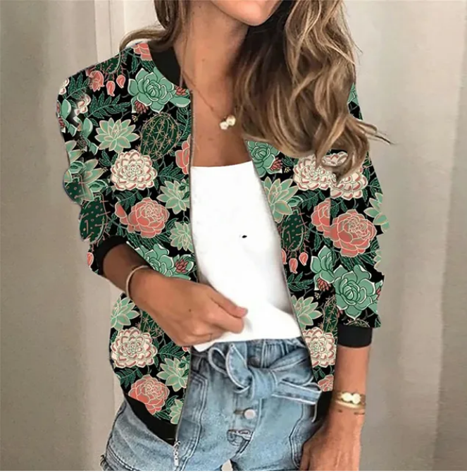 Women's Patterned Zip Jacket – Lightweight Printed Casual Jacket