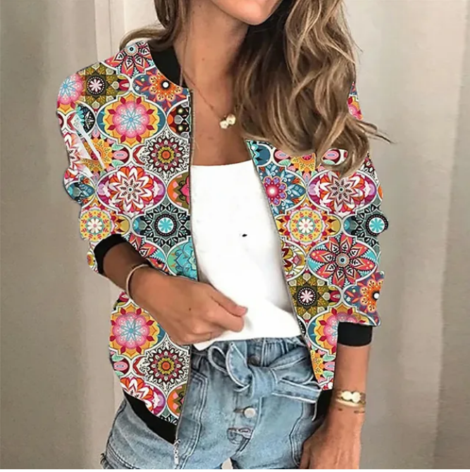 Women's Patterned Zip Jacket – Lightweight Printed Casual Jacket