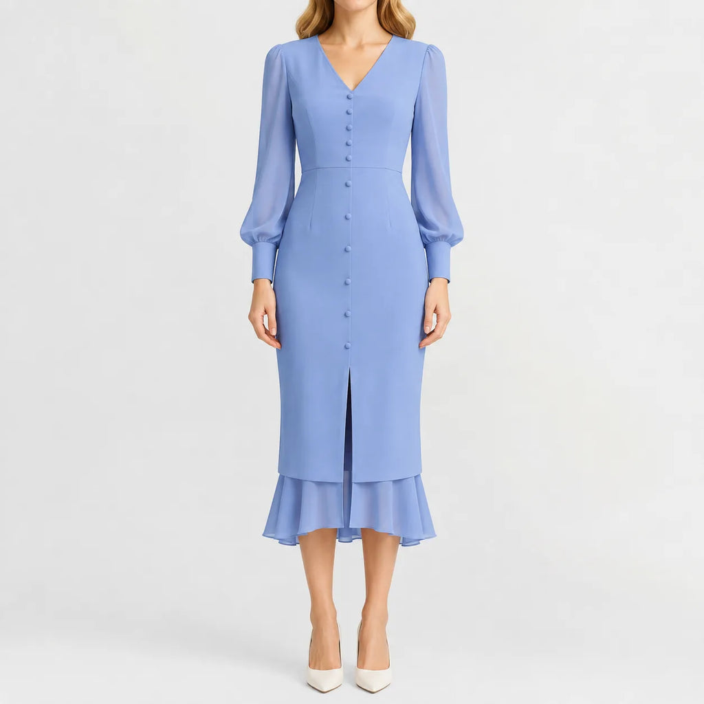 Women's Black V-Neck Dress – Long Sleeve Ruffle Hem Dress