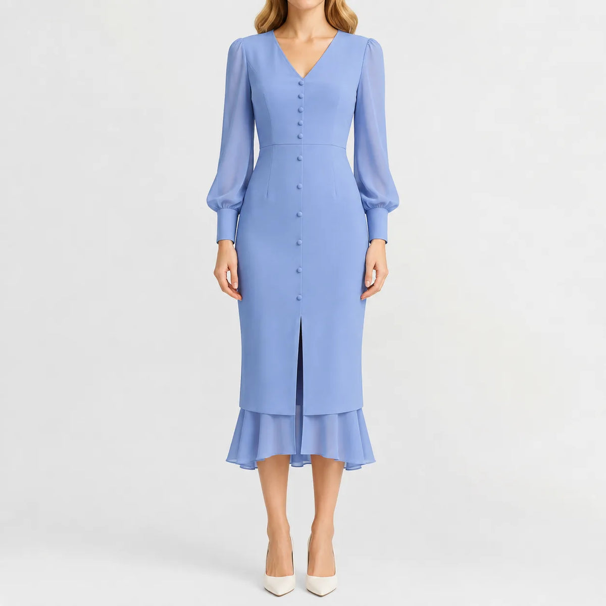 Women's Black V-Neck Dress – Long Sleeve Ruffle Hem Dress