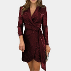 Women's Sequin Blazer Mini Dress – Belted Deep V-Neck Asymmetrical Party Dress