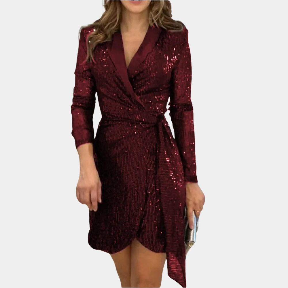 Women's Sequin Blazer Mini Dress – Belted Deep V-Neck Asymmetrical Party Dress