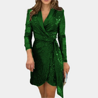 Women's Sequin Blazer Mini Dress – Belted Deep V-Neck Asymmetrical Party Dress