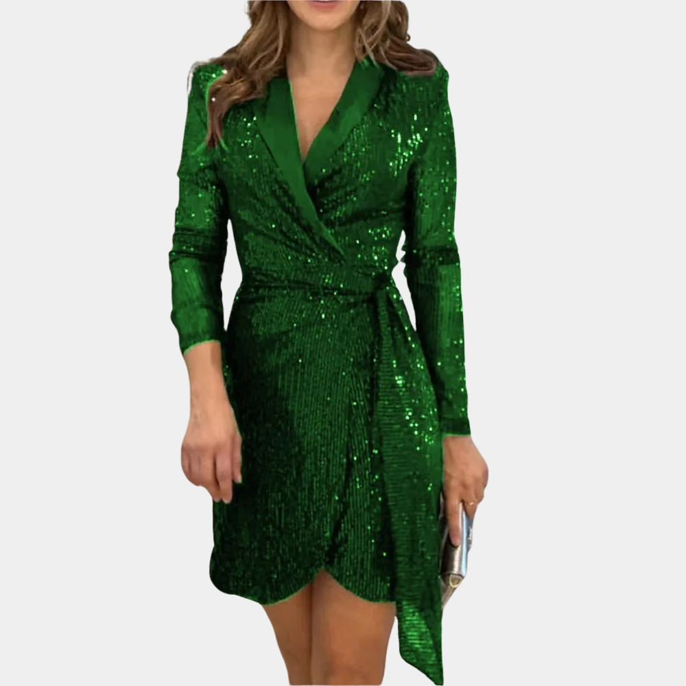 Women's Sequin Blazer Mini Dress – Belted Deep V-Neck Asymmetrical Party Dress
