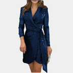 Women's Sequin Blazer Mini Dress – Belted Deep V-Neck Asymmetrical Party Dress