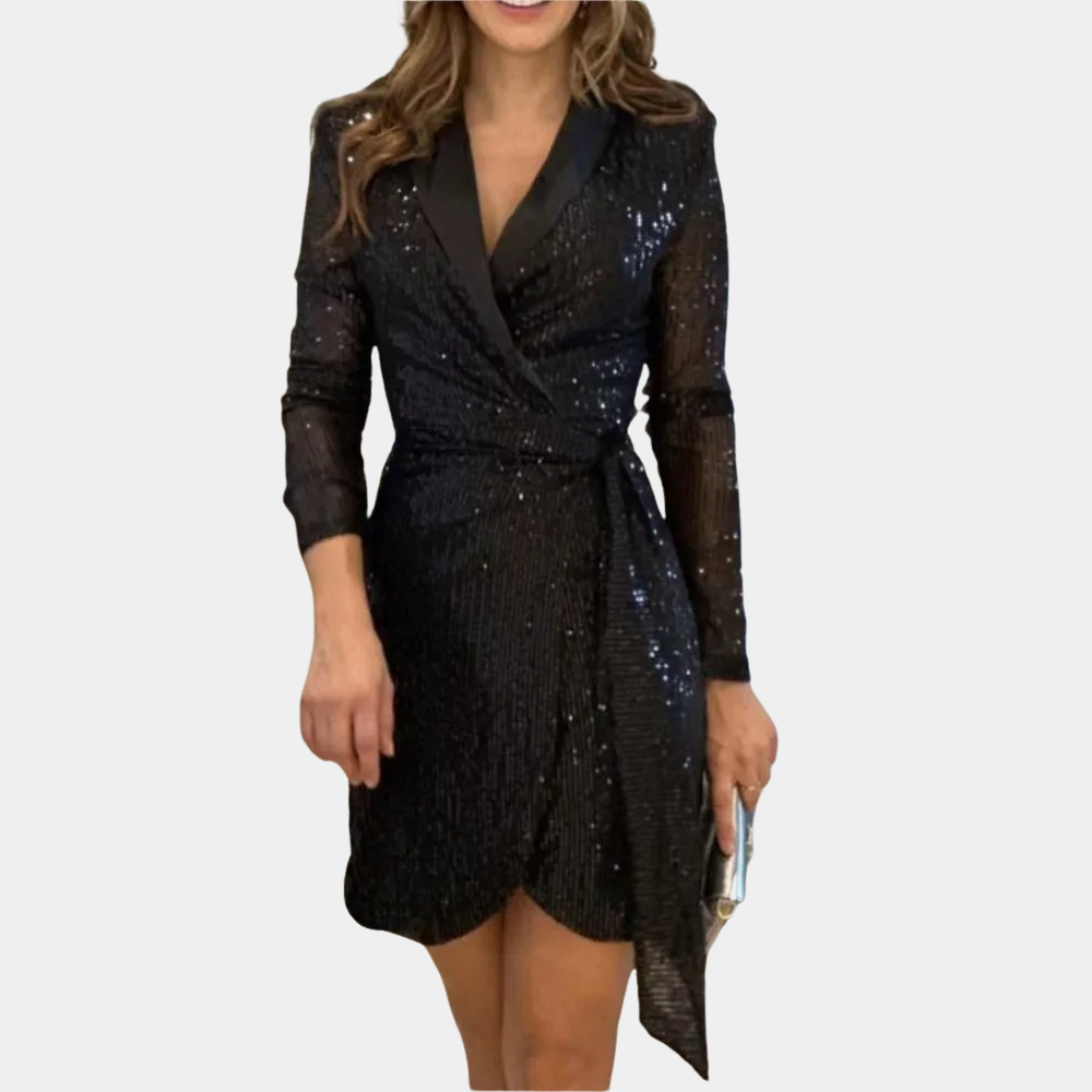 Women's Sequin Blazer Mini Dress – Belted Deep V-Neck Asymmetrical Party Dress